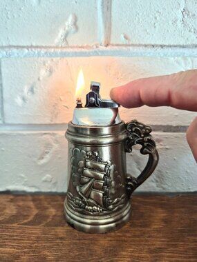 Vintage Nautical Table Lighter, Ship Sailboat With Canon & Wheel, Works Great!